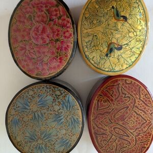 4 New Vintage Kashmiri Paper Mache Handcrafted Decorative Boxes Set - Multicolor